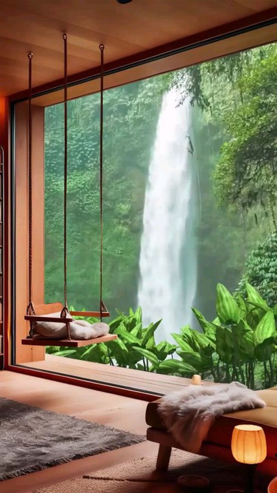 Tranquil Resort Room with Swing and Bookshelf Overlooking Misty Waterfall and Lush Tropical Greenery Through Large Scenic Window.#short#shorts#shortvideo#reelit #reelfacebook #viral#trending#resort#room#home#house#bedroomoasis#lounge