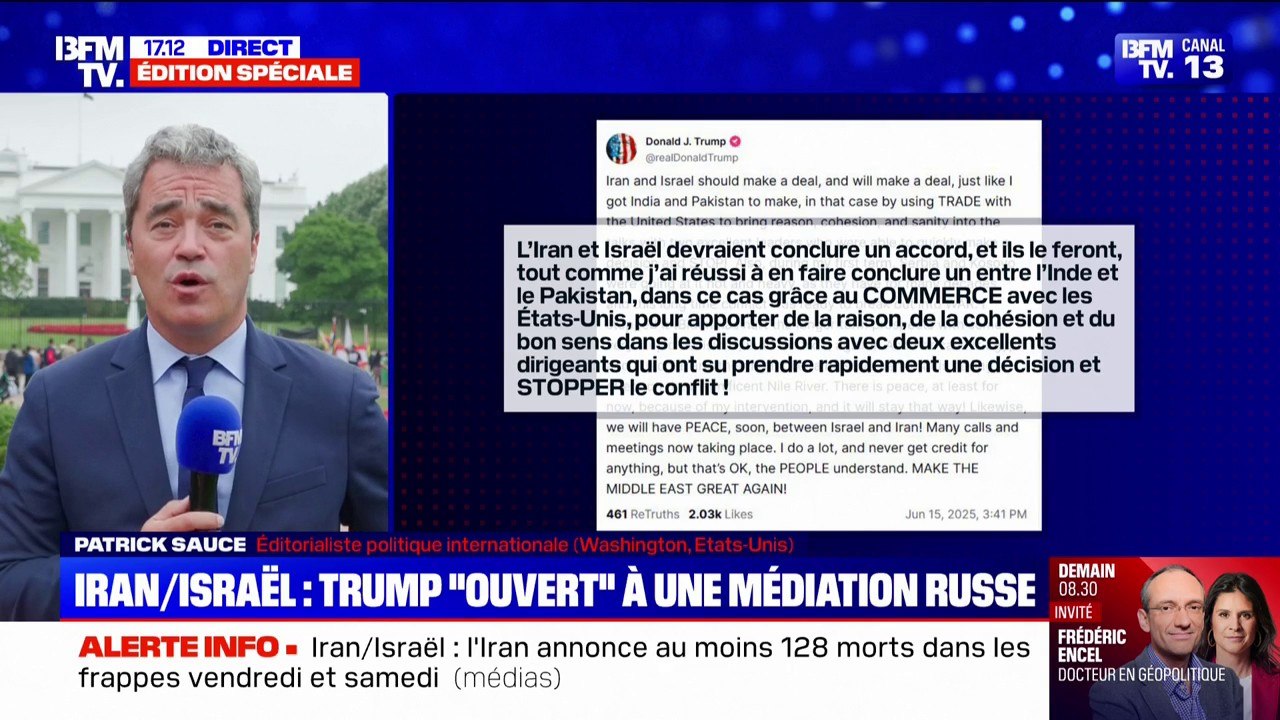 Conflit Israël-Iran: Donald Trump se dit "ouvert" à une médiation de Vladimir Poutine