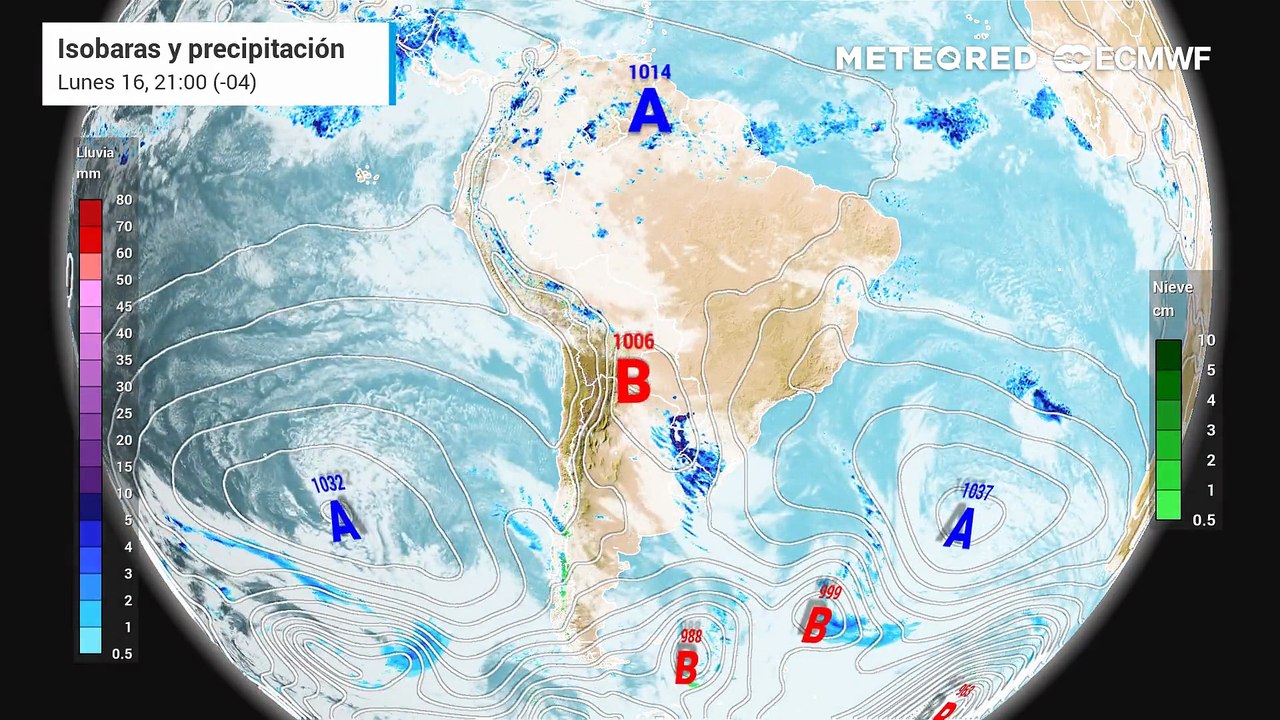 Pronóstico de isobaras y precipitación: martes 17 de junio.