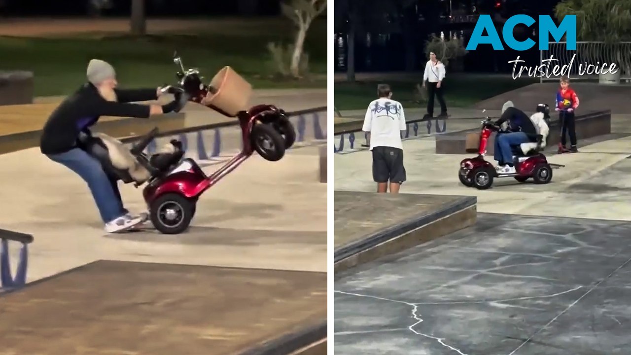 'Whose gramps is this?': man performs tricks on mobility scooter at skate park