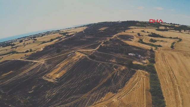 Saros'ta yanan tarlalar ve orman havadan görüntülendi