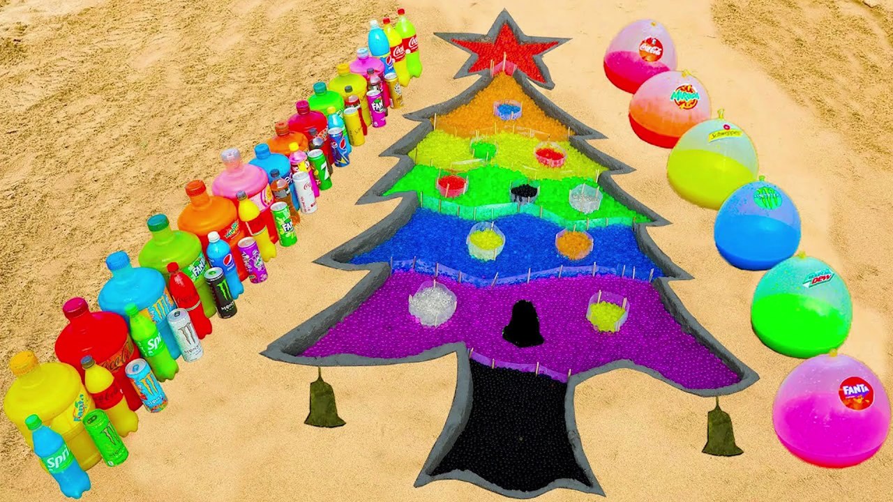How to make Rainbow Christmas Tree with Orbeez, Balloons of Fanta, Coca Cola, Mentos & Popular Sodas