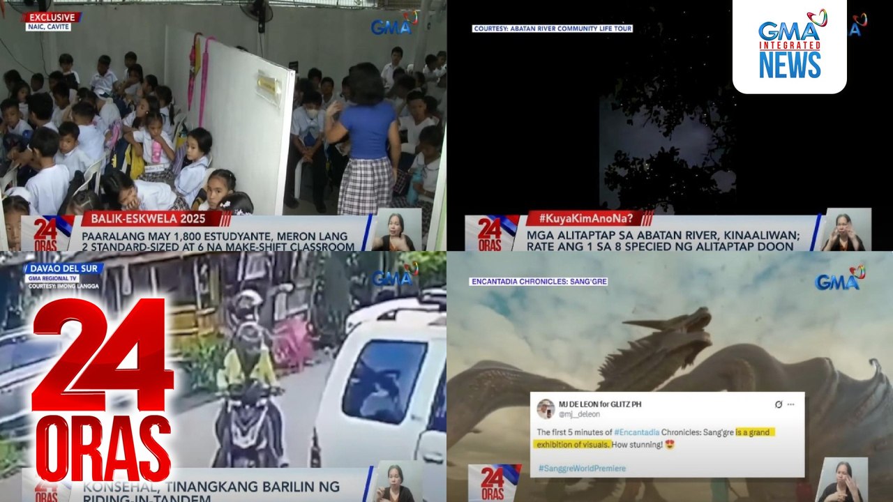24 Oras: (Part 3) Paaralang may 1,800 estudyante, meron lang 2 standard-sized at 6 na make-shift classroom; LWUA, pinatotohanan sa imbestigasyon ang mga reklamo ng consumers vs. Primewater ; pilot ng "Encantadia Chronicles: Sang'gre," pinuri ng..., atbp.