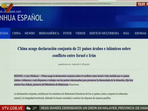 China da bienvenida a declaración conjunta de países árabes e islámicos sobre conflicto Irán-Israelí