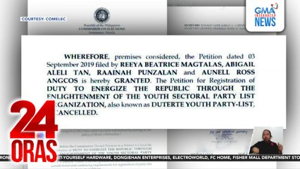 Registration ng Duterte Youth Party-list, kinansela ng COMELEC 2nd Division | 24 Oras