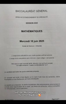 Le sujet Bac de Maths Métropole tombé le 18/06/25 à 14h Jour 2.#bacmath #bac #baccalauréat #bacdemaths #bac2025