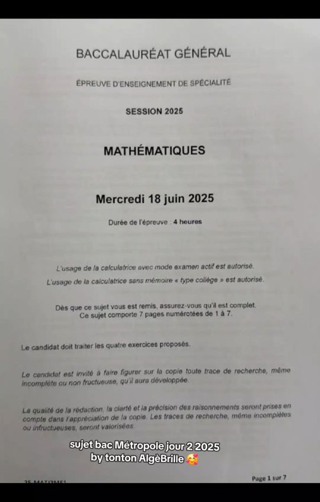 Le sujet Bac de Maths Métropole tombé le 18/06/25 à 14h Jour 2.#bacmath #bac #baccalauréat #bacdemaths #bac2025
