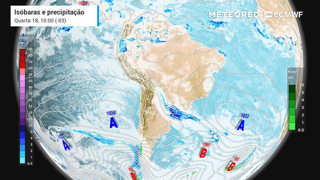 Quarta, 18 de junho: Previsão de nebulosidade, chuva e pressão a nível médio do mar para os próximos dias na América do Sul.