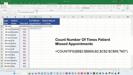 Number of times patient missed appointments - Excel Tips and Tricks