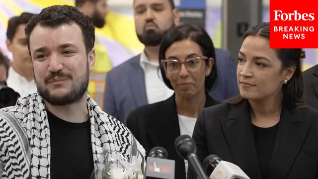 BREAKING: Mahmoud Khalil Holds Press Gaggle With AOC After Being Released From Immigration Detention