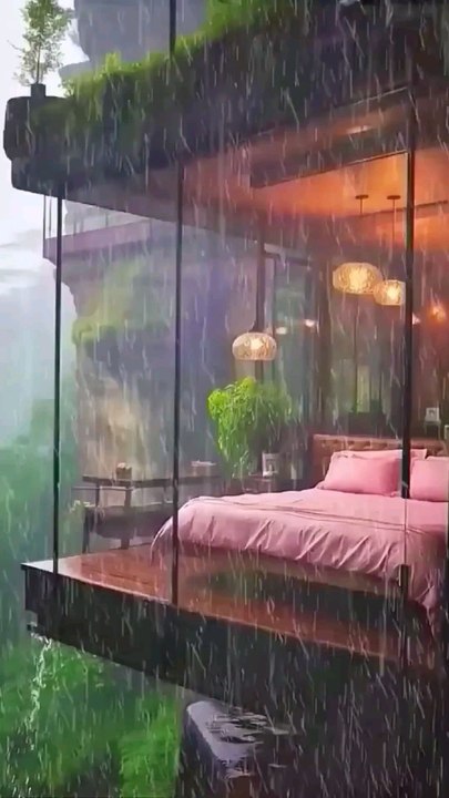 Cliffside Glass Resort Bedroom with Rainfall Views, Pink Bedding, Ambient Lighting, and Lush Greenery All Around the Structure.#short#shorts#shortvideo#reelit #reelfacebook #viral#trending#resort#room#home