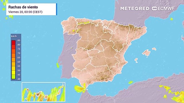 Rachas de viento en superficie previstas para las próximas horas por el modelo europeo: el riesgo de reventones se disparará en las horas centrales del día.