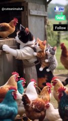 Cat mumy care the hens and cock with their small #kittens#mummy cat#animals lovers 💥⭐️✨🌟😼😺🐱🌟