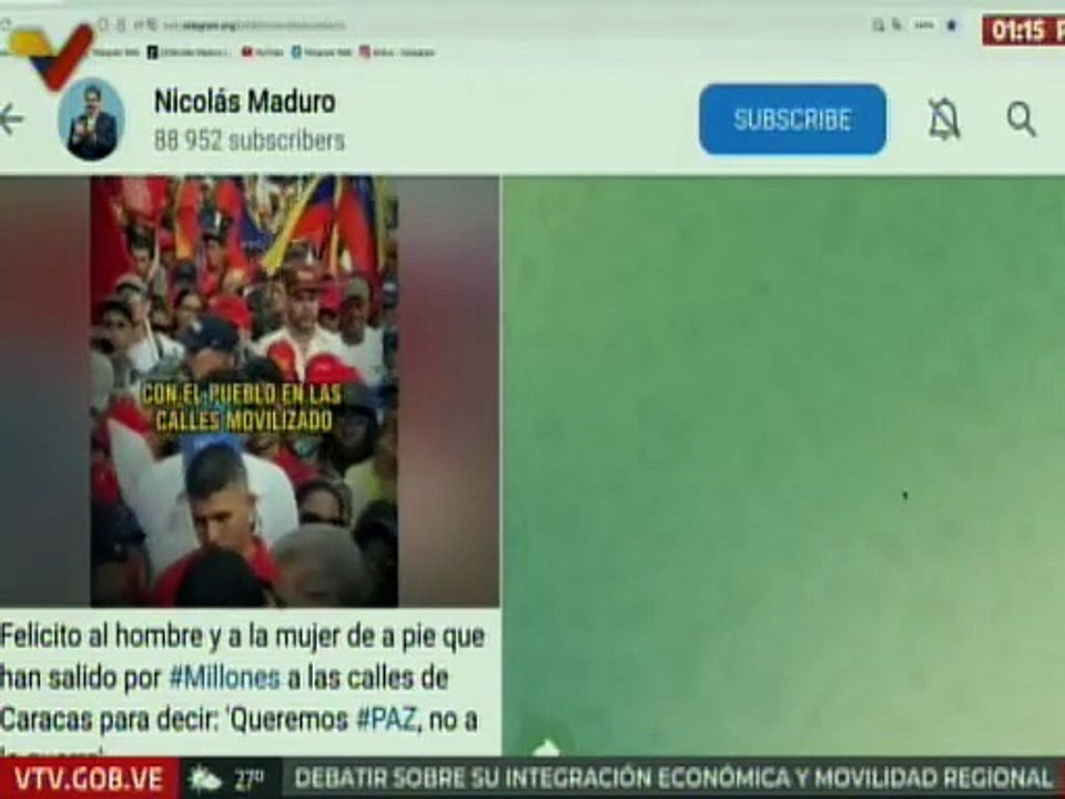 Presidente Nicolás Maduro agradece masiva movilización popular en Caracas por la paz