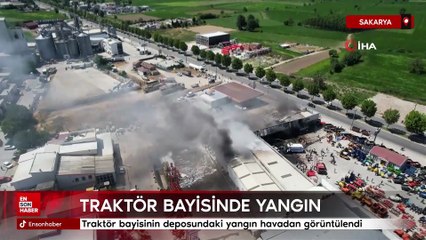 Sakarya'da traktör bayisinin deposundaki yangın havadan görüntülendi
