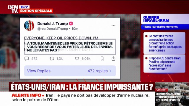 Guerre Iran/Israël: Vous faites le jeu de l'ennemi avertit Donald Trump sur la hausse des cours du pétrole