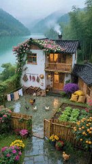 Village Resort with Floral Garden, Chickens, and Misty Lake Nestled Amid Bamboo Forest and Mountain.#short#shorts#shortvideo#reelit #reelfacebook #viralpost2025シ #trendingvideo #resortlife