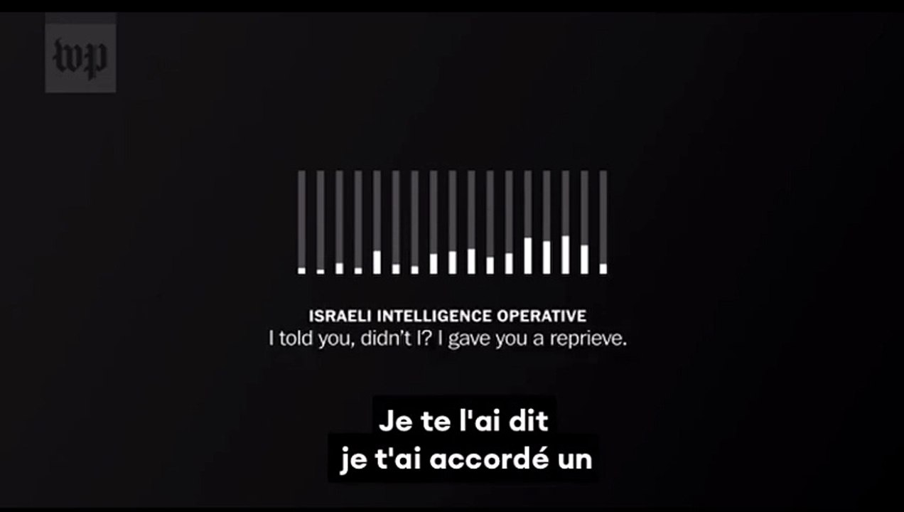 « Tu as 12 heures pour te lever et t'échapper avec ta femme et ton enfant tu es sur la liste et tu es notre prochaine cible !  »   Le Washington Post a publié une vidéo montrant un agent du Mossad menaçant de mort un respon