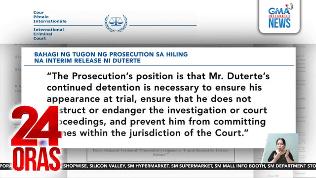 ICC Prosecutor, hiniling na ibasura ang hiling na interim release ni FPRRD | 24 Oras