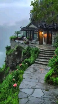 Cliffside Haven, resort, Misty Valley with Stone Path, Lush Greenery, and Serene Water Views Below.#short#shorts#shortvideo#reelit #reelfacebook #viralpost2025シ #escape#tranquility#followforfollowback