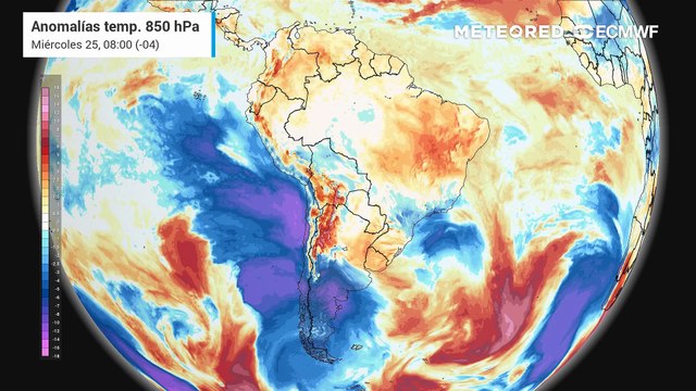 Pronóstico de anomalías de temperatura a 850 hPa: Miércoles 25 de Junio