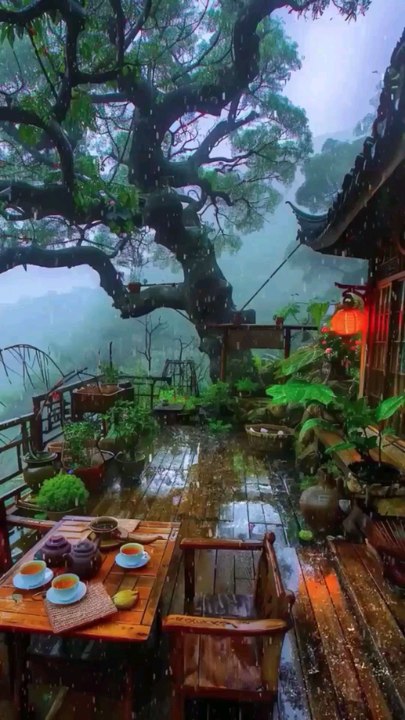 Wooden Deck Beneath Tree Canopy, Tea Set Amid Lush Greenery and Lantern-Lit.#short#shorts#shortvideo#reelit #reelfacebook #viralpost2025シ #trendingvideo #RoomDecor #homedecor #housedesign #terrace #raining #thunderstorms #tourism