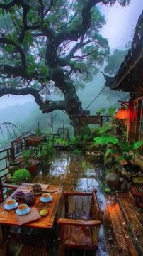 Wooden Deck Beneath Tree Canopy, Tea Set Amid Lush Greenery and Lantern-Lit.#short#shorts#shortvideo#reelit #reelfacebook #viralpost2025シ #trendingvideo #RoomDecor #homedecor #housedesign #terrace #raining #thunderstorms #tourism