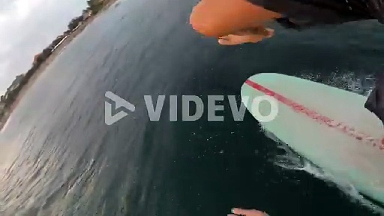 Surfer surfing waves off coast and falling into sea, Bali