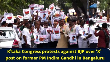 K’taka Congress protests against BJP over ‘X’ post on former PM Indira Gandhi in Bengaluru