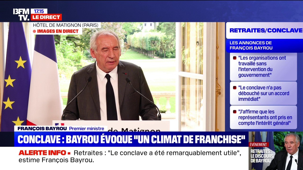Retraites: François Bayrou évoque une "avancée décisive" à propos de l'âge de départ qui n'a pas été remis en cause par le conclave