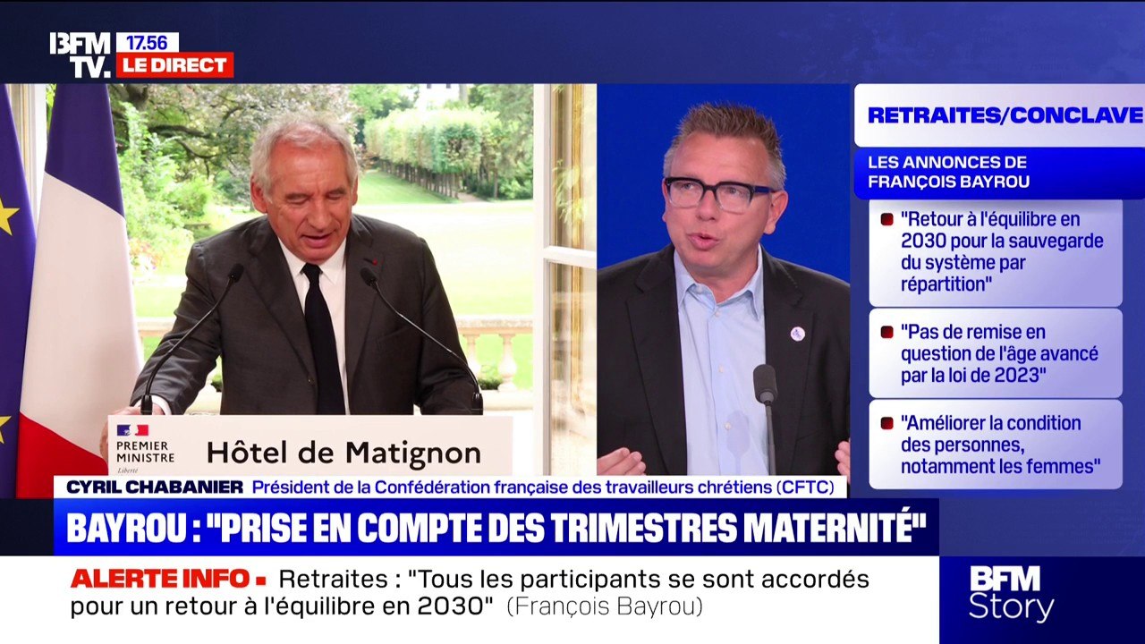 Conclave sur les retraites: "Sur la pénibilité, on est assez loin" d'un accord, rappelle Cyril Chabanier (CFTC)