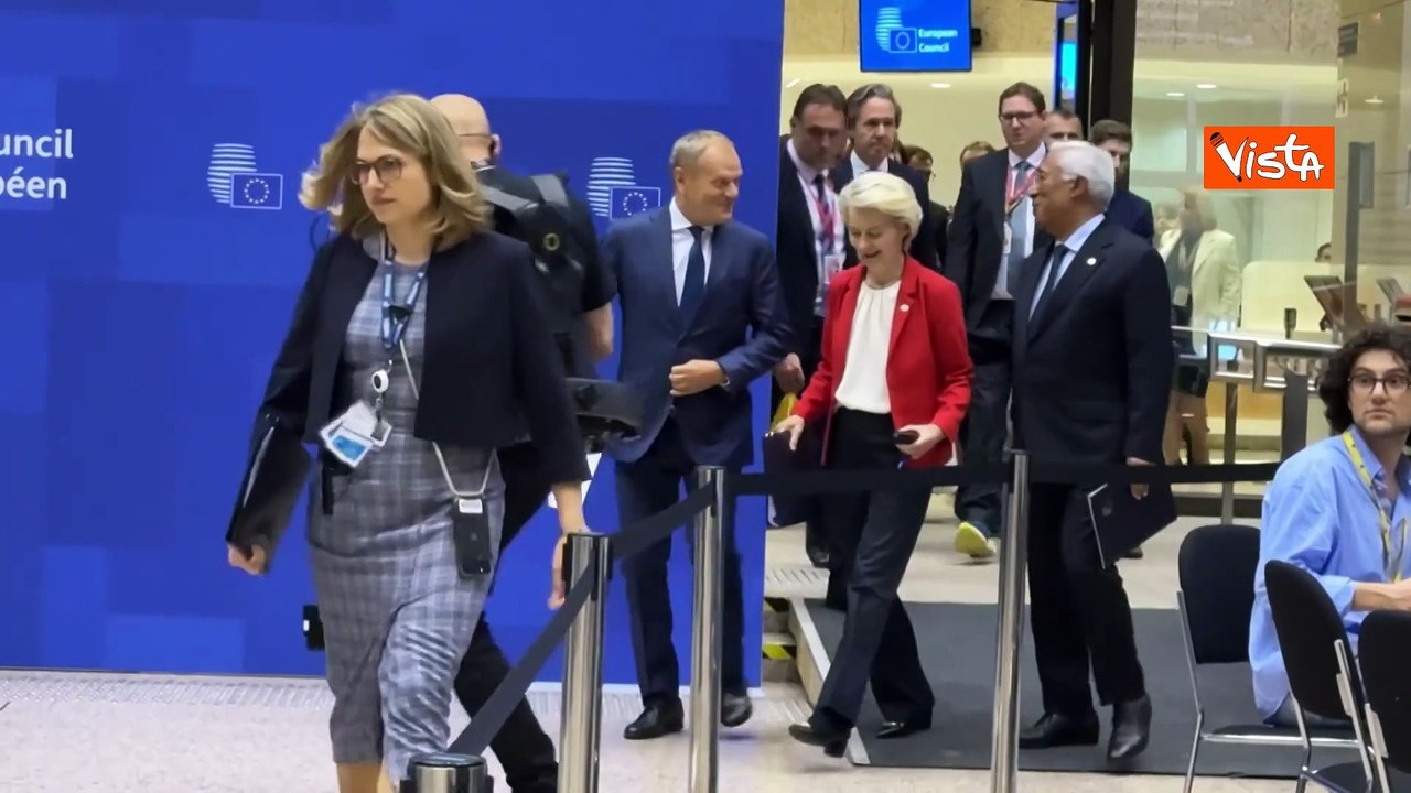 Von der Leyen, Costa e Tusk arrivano in conferenza stampa a termine prima giornata Consiglio Ue