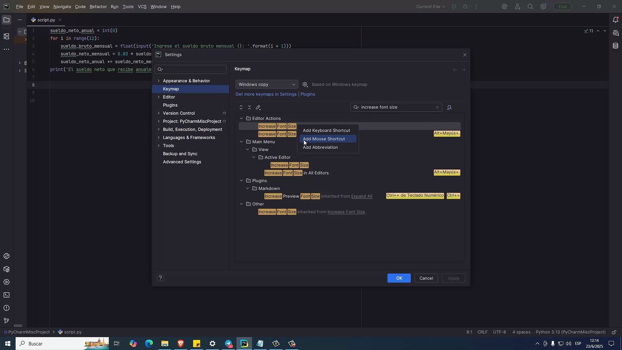 Aumentar y/o disminuir la fuente en PyCharm con teclas de atajo