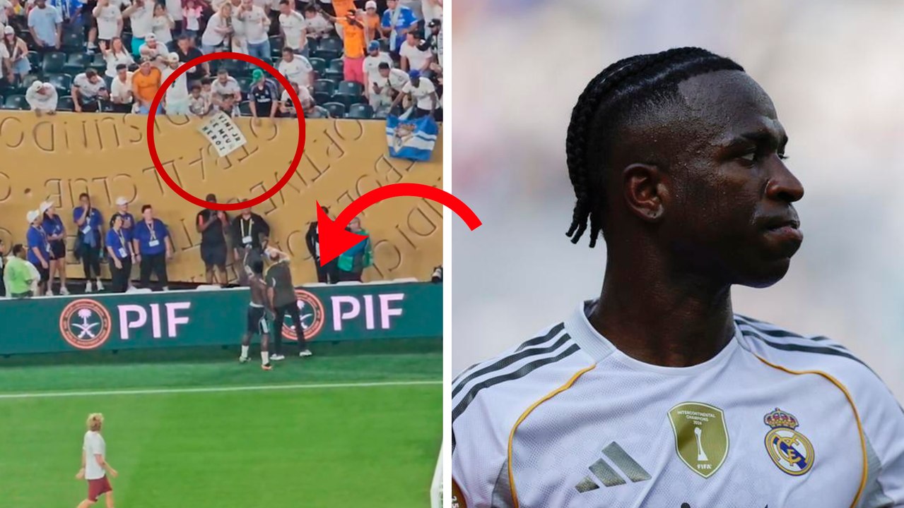 Vinicius le regala la camiseta a una fan del Real Madrid en el último partido del grupo H del Mundial de Clubes