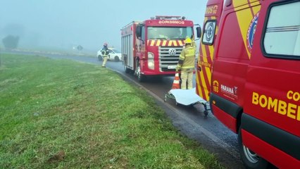 Forte colisão entre Ecosport e caminhão deixa rodovia BR-277 interditada