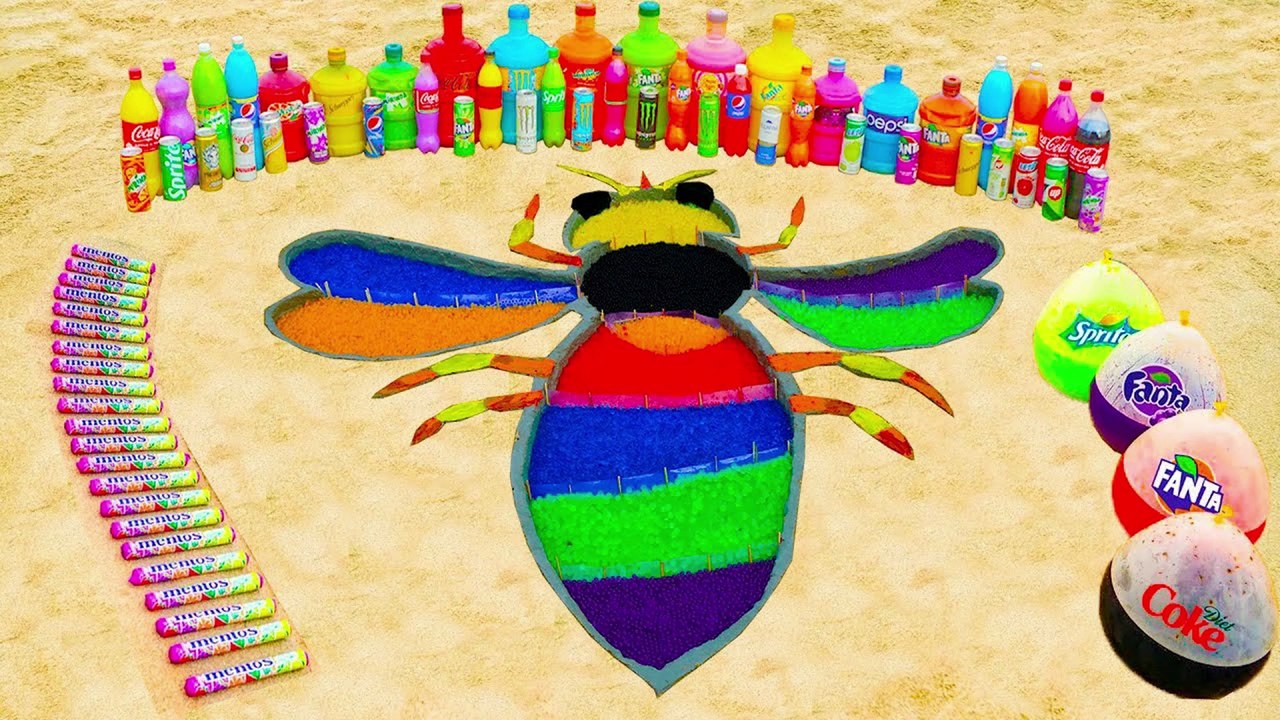 How to make Rainbow Bee with Orbeez, Big Fanta, Mirinda, Monster, CocaCola vs Mentos & Popular Sodas