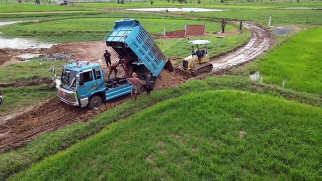 Amazing building new road from bulldozer d20p pushing soil with dump truck Spreading soil