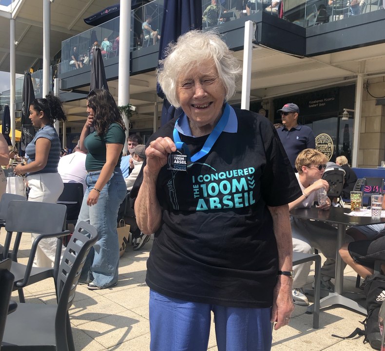 June Fenn from Alton abseils down the Spinnaker Tower in Portsmouth aged 91!