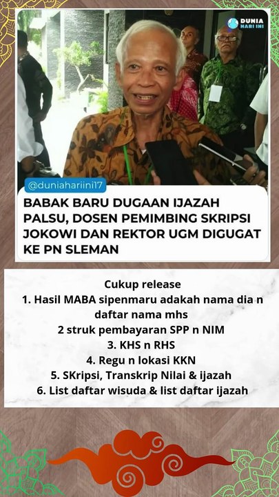 Babak baru, dugaan ijazah palsu, Dosen pemimbing skripsi Jokowi dan Rektor UGM digugat ke PN Sleman