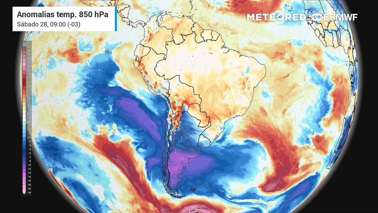 Sábado, 28 de junho: anomalia de temperatura em 850 hPa (massas de ar)
