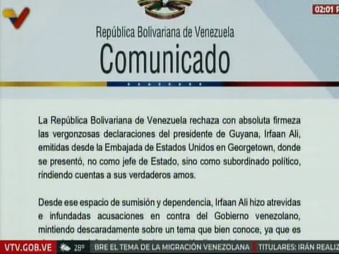 Venezuela rechaza las vergonzosas declaraciones del presidente de Guyana, Irfaan Ali