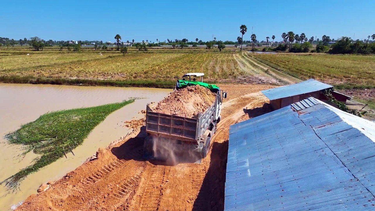 Incredible New Activity with Bulldozer Showing Skill Technique Pushing Soil In Lake With Dump Truck
