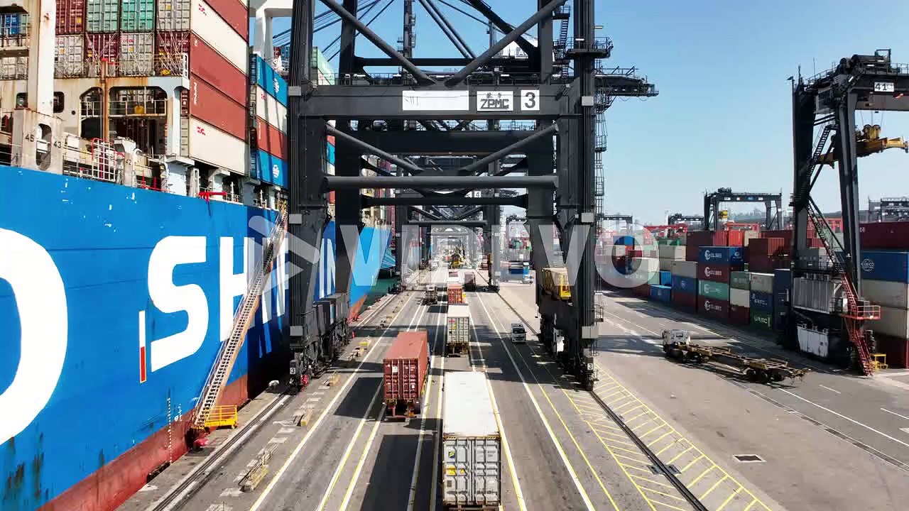 Aerial Shot of Cosco Portugal Container Vessel Moored at Asia Container Terminals in Hong Kong