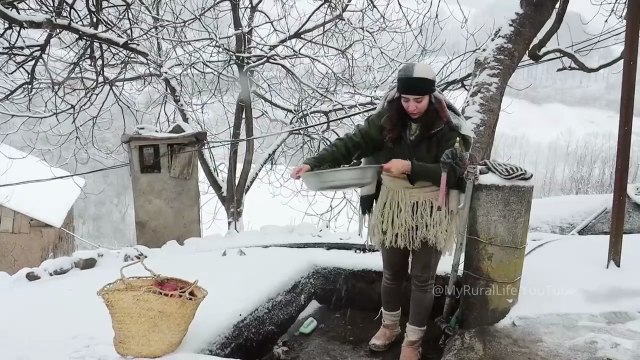 Baking Traditional Uzbek Bread in a Snowy Winter Village