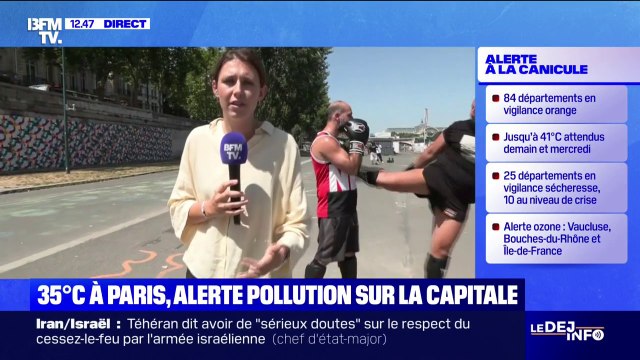 Malgré les 35°C à Paris, certains sportifs bravent la chaleur pour faire une séance de boxe sur les quais de Seine