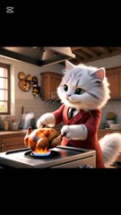 A beautiful white cat is grilling chicken for her friend and feeding it to her