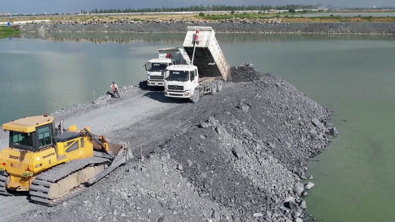 Amazing Heavy Dump Trucks Loading Rocks and Shanti Dozer DH17 C3 Pushing to Construct a road project