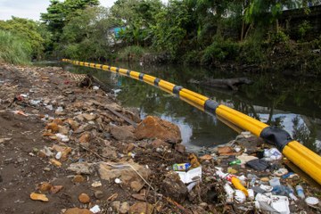 Colocan barrera flotante en el río Río Abajo