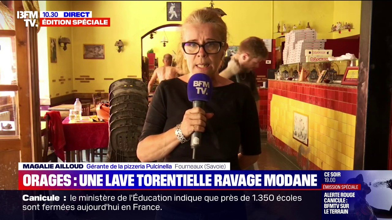 Inondations en Savoie: "C'est une catastrophe, dans les caves il y a plus d'un mètre et demi" d'eau, déplore cette gérante de pizzeria