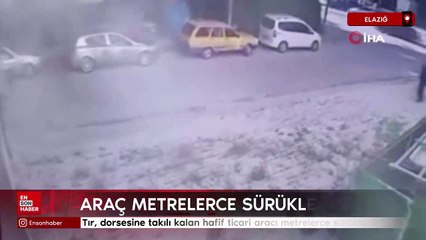 Elazığ'da tır, dorsesine takılı kalan hafif ticari aracı metrelerce sürükledi